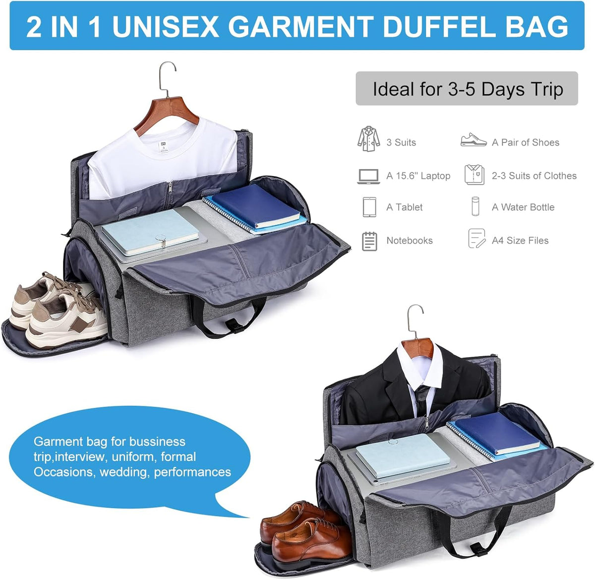 Convertible Duffle Bags for Men, Garment Bag for Travel, Carry on Garment Duffel Bag with Shoe Compartment, 2 in 1 Hanging Dress Suitcase Suit Travel Bags, Black