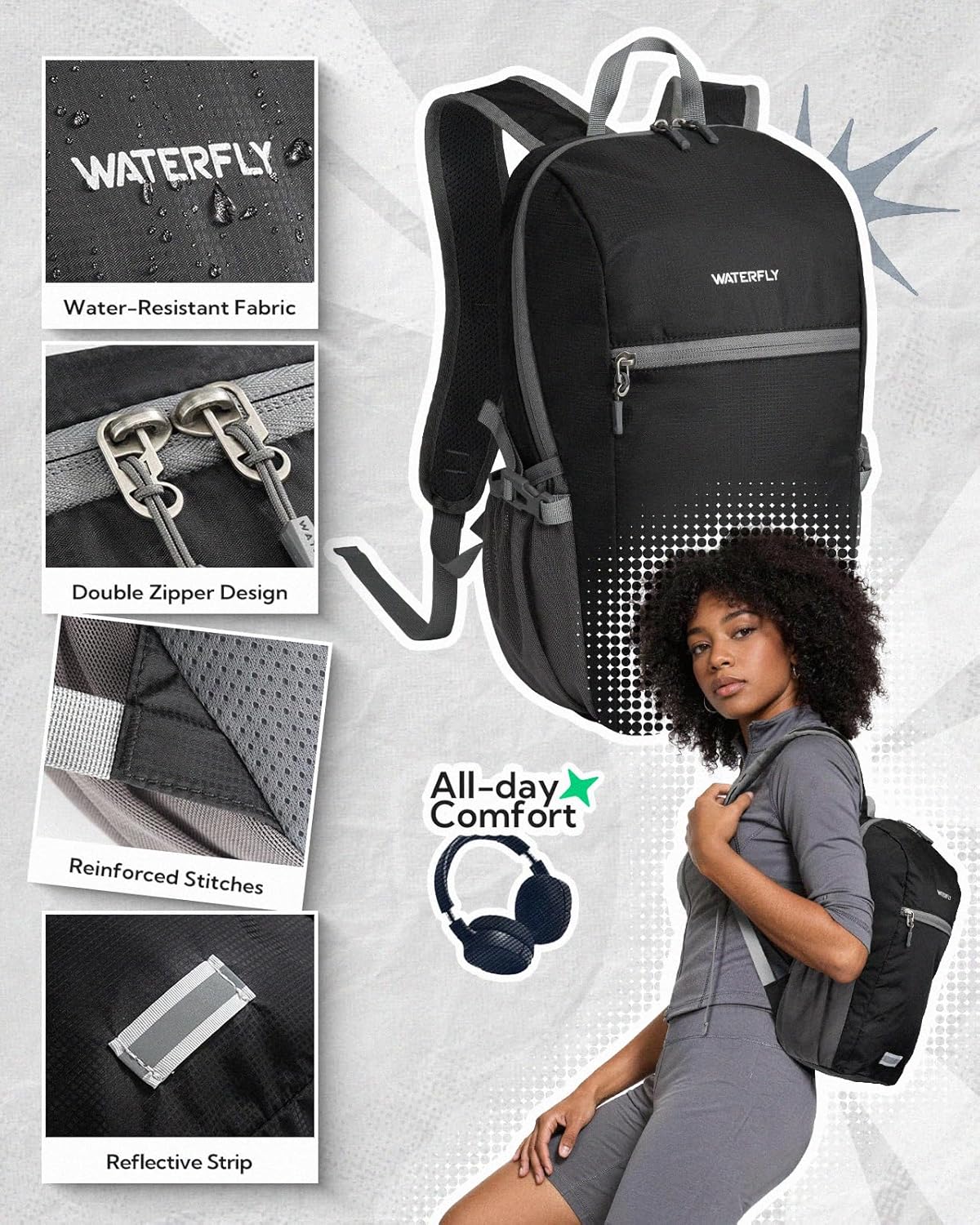 Small Packable Travel Backpack: 10L Ultra-Light Daypack for Adults | 9.2 oz,Water-Resistant Nylon,Breathable Mesh Straps,Reflective Strips,Emergency Whistle,Multi-Pockets,Hiking,Cycling,Commute