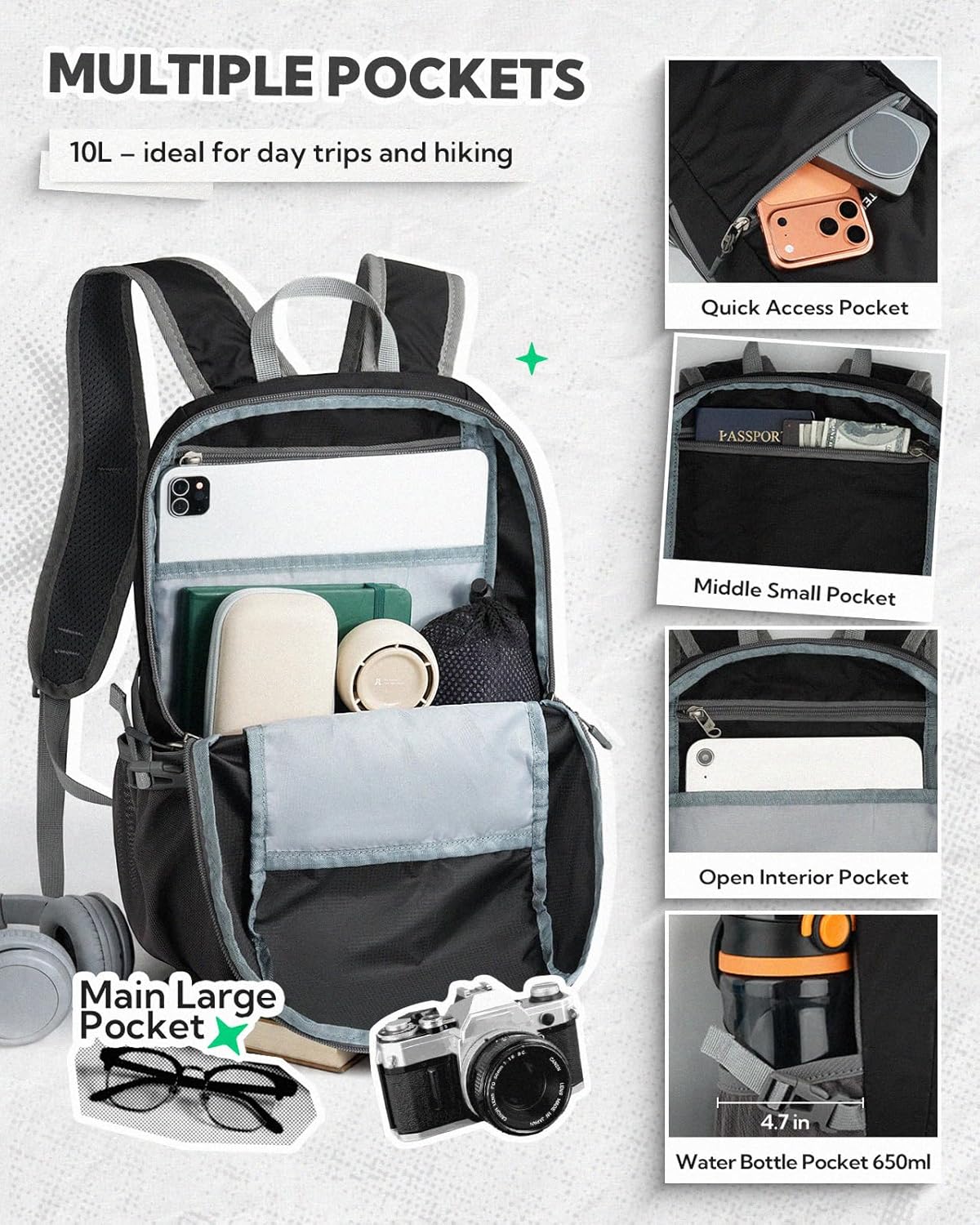 Small Packable Travel Backpack: 10L Ultra-Light Daypack for Adults | 9.2 oz,Water-Resistant Nylon,Breathable Mesh Straps,Reflective Strips,Emergency Whistle,Multi-Pockets,Hiking,Cycling,Commute