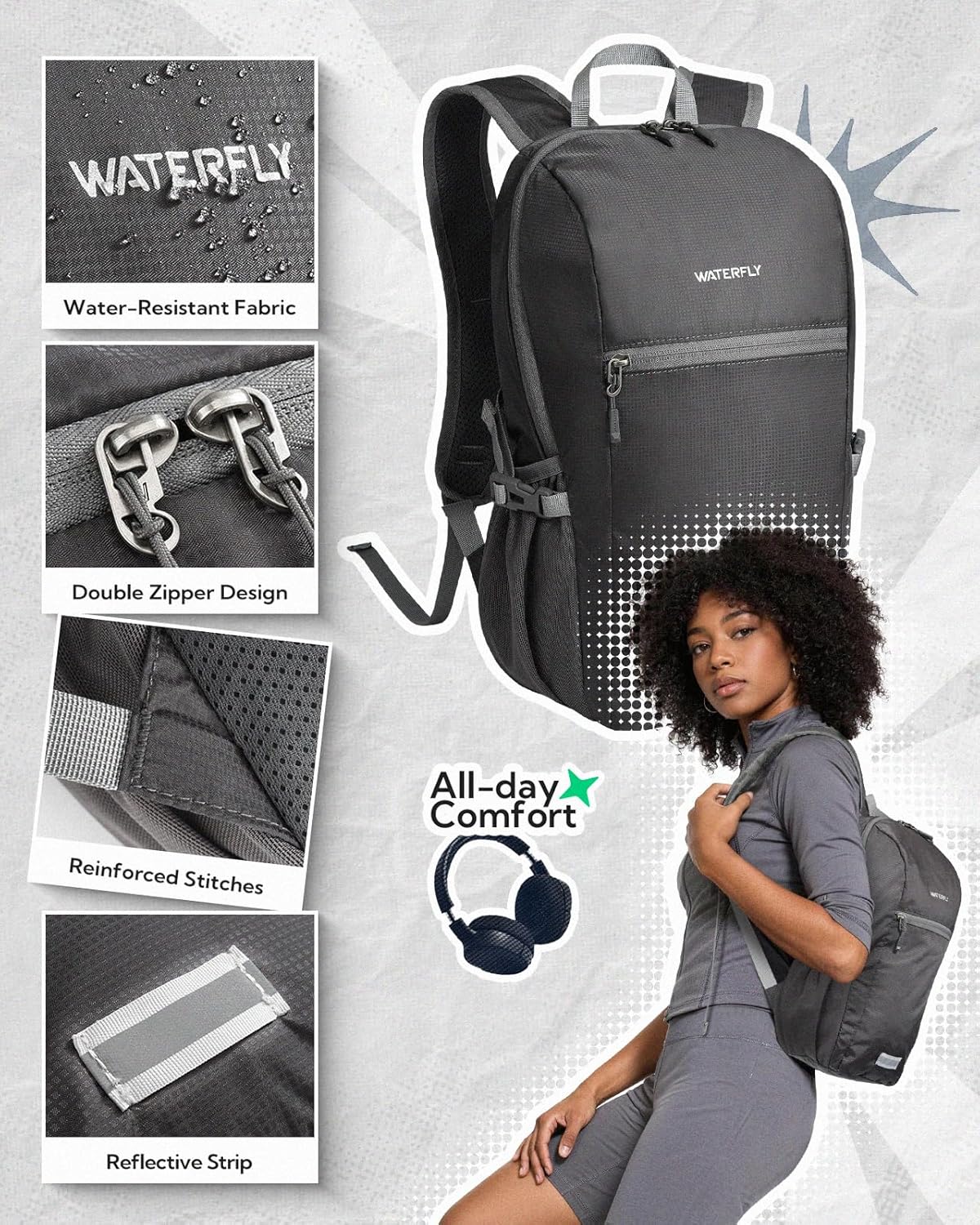 Small Packable Travel Backpack: 10L Ultra-Light Daypack for Adults | 9.2 oz,Water-Resistant Nylon,Breathable Mesh Straps,Reflective Strips,Emergency Whistle,Multi-Pockets,Hiking,Cycling,Commute