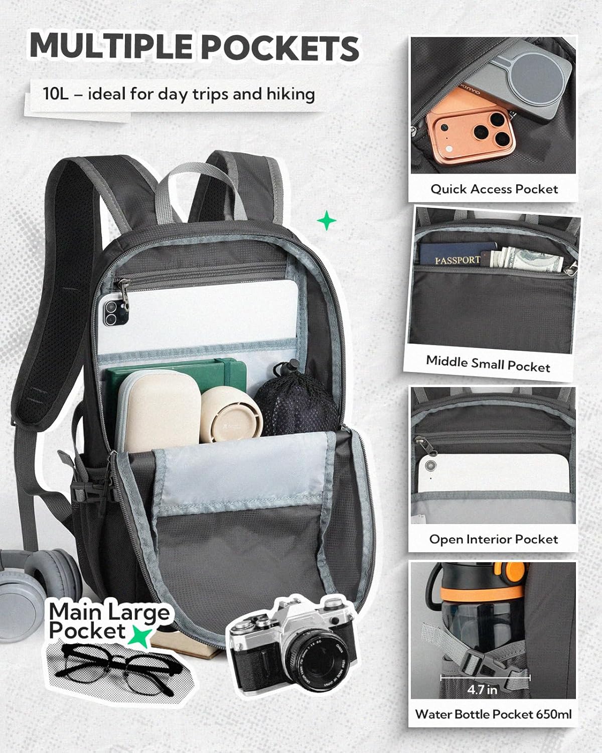 Small Packable Travel Backpack: 10L Ultra-Light Daypack for Adults | 9.2 oz,Water-Resistant Nylon,Breathable Mesh Straps,Reflective Strips,Emergency Whistle,Multi-Pockets,Hiking,Cycling,Commute