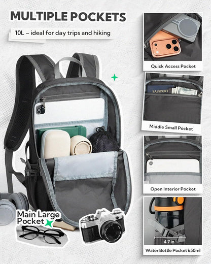Small Packable Travel Backpack: 10L Ultra-Light Daypack for Adults | 9.2 oz,Water-Resistant Nylon,Breathable Mesh Straps,Reflective Strips,Emergency Whistle,Multi-Pockets,Hiking,Cycling,Commute