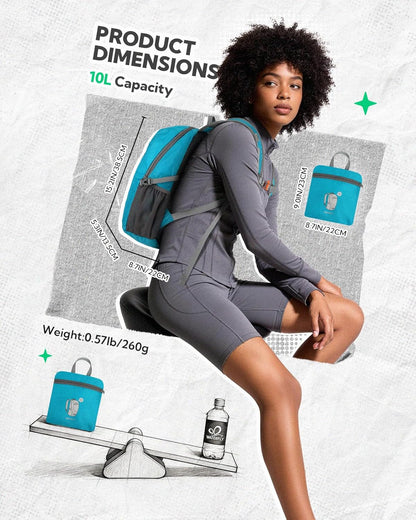 Small Packable Travel Backpack: 10L Ultra-Light Daypack for Adults | 9.2 oz,Water-Resistant Nylon,Breathable Mesh Straps,Reflective Strips,Emergency Whistle,Multi-Pockets,Hiking,Cycling,Commute