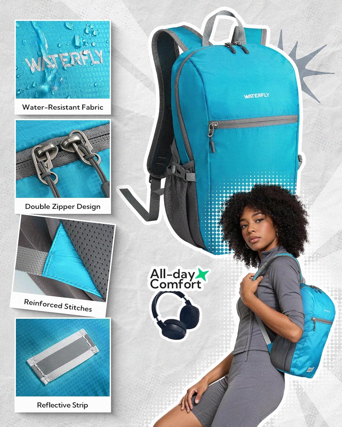 Small Packable Travel Backpack: 10L Ultra-Light Daypack for Adults | 9.2 oz,Water-Resistant Nylon,Breathable Mesh Straps,Reflective Strips,Emergency Whistle,Multi-Pockets,Hiking,Cycling,Commute