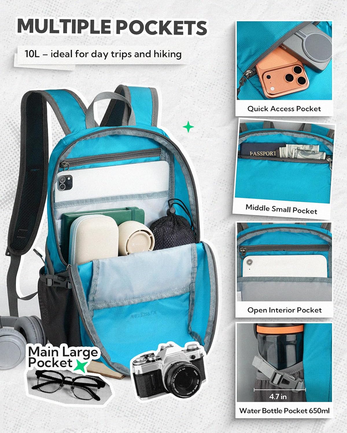 Small Packable Travel Backpack: 10L Ultra-Light Daypack for Adults | 9.2 oz,Water-Resistant Nylon,Breathable Mesh Straps,Reflective Strips,Emergency Whistle,Multi-Pockets,Hiking,Cycling,Commute