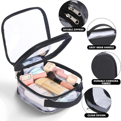Large Clear travel bags for toiletries pouches carry on reusable,purse see-through plastic pvc TSA airport approved with handle (Black)