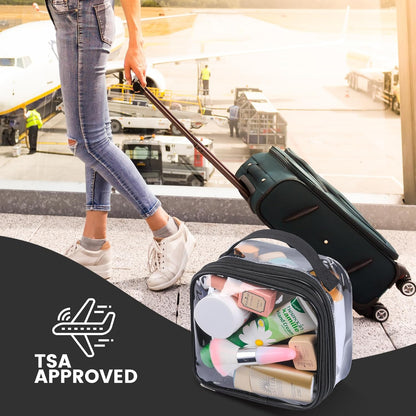 Large Clear travel bags for toiletries pouches carry on reusable,purse see-through plastic pvc TSA airport approved with handle (Black)