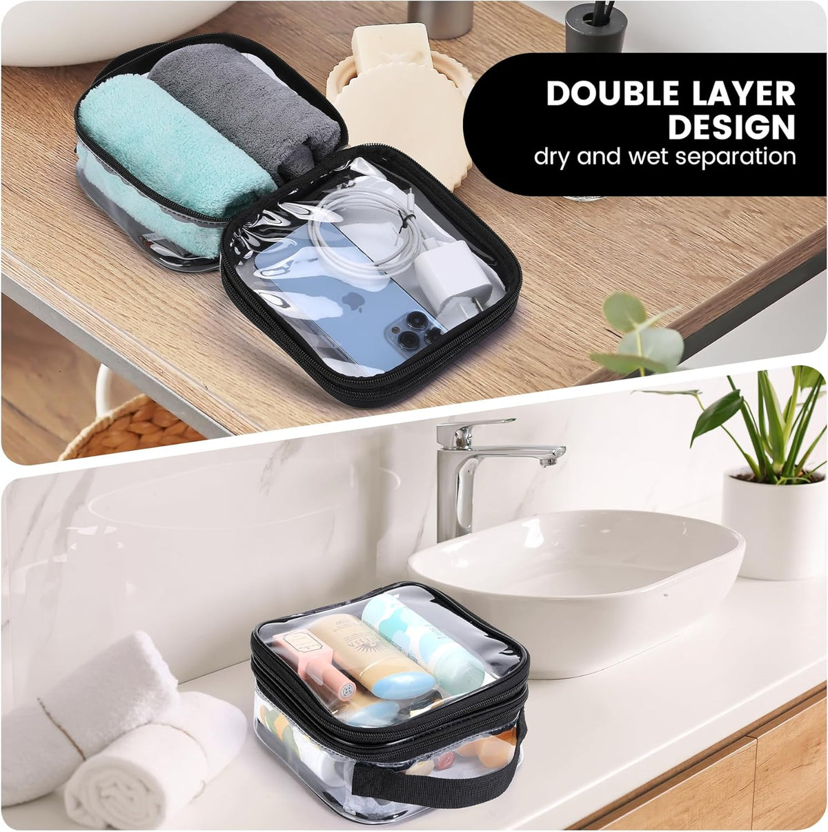 Large Clear travel bags for toiletries pouches carry on reusable,purse see-through plastic pvc TSA airport approved with handle (Black)