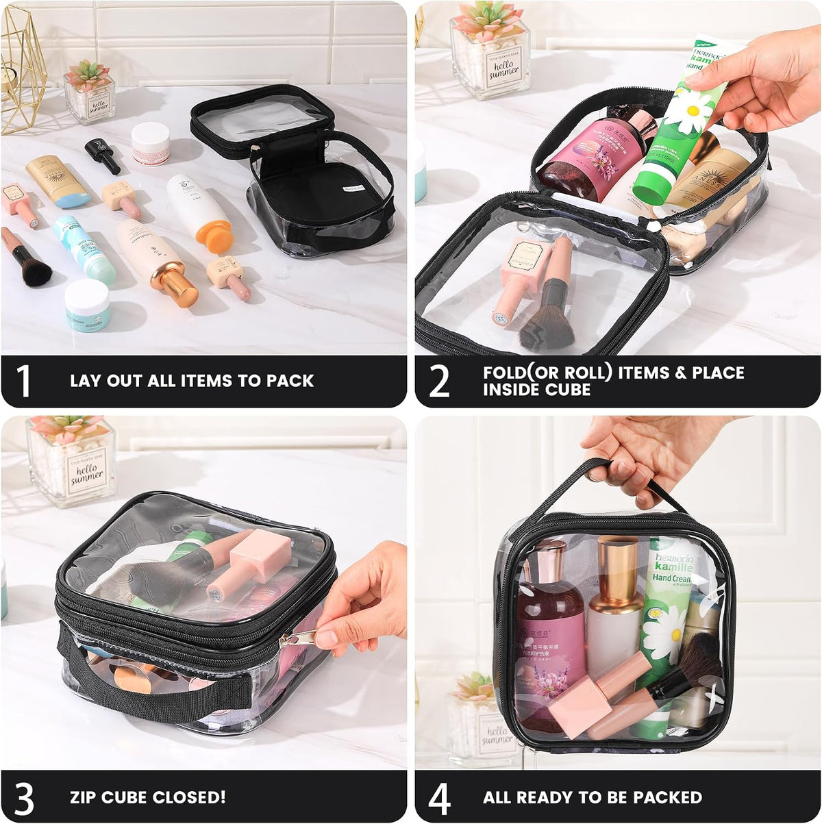 Large Clear travel bags for toiletries pouches carry on reusable,purse see-through plastic pvc TSA airport approved with handle (Black)