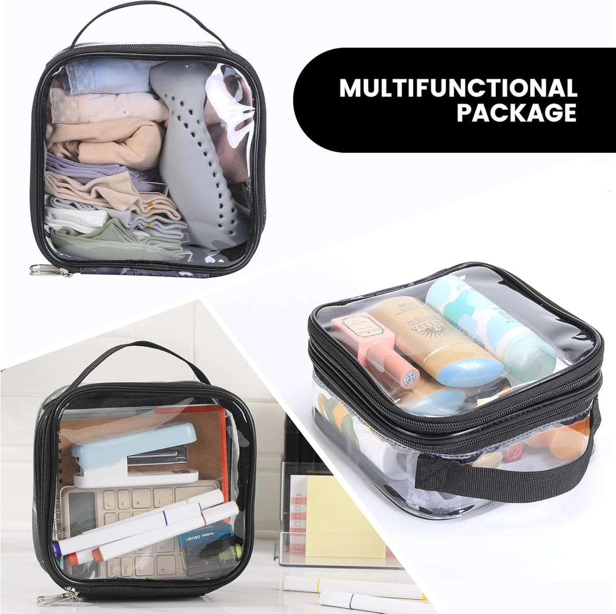 Large Clear travel bags for toiletries pouches carry on reusable,purse see-through plastic pvc TSA airport approved with handle (Black)