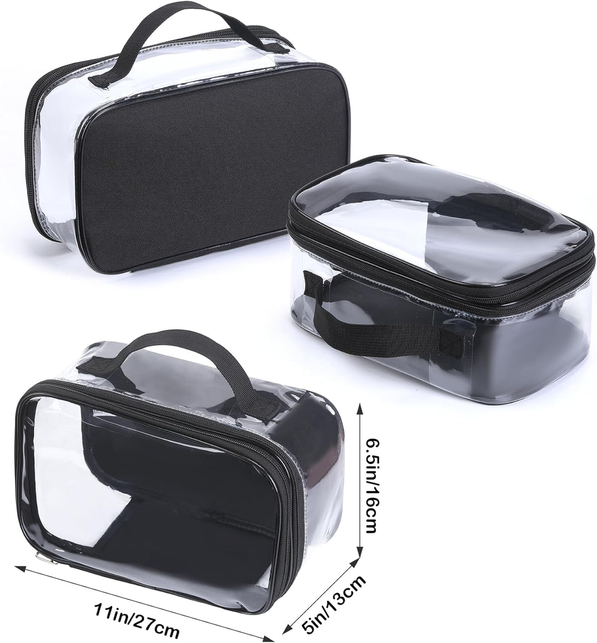 Large Clear travel bags for toiletries pouches carry on reusable,purse see-through plastic pvc TSA airport approved with handle (Black)