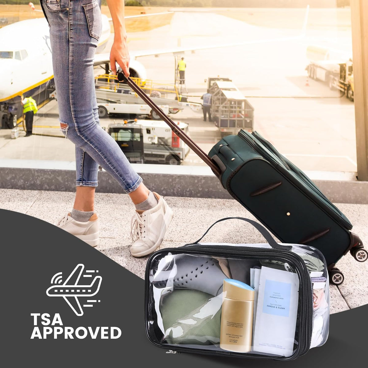 Large Clear travel bags for toiletries pouches carry on reusable,purse see-through plastic pvc TSA airport approved with handle (Black)