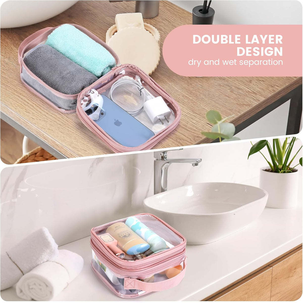 Large Clear travel bags for toiletries pouches carry on reusable,purse see-through plastic pvc TSA airport approved with handle (Black)