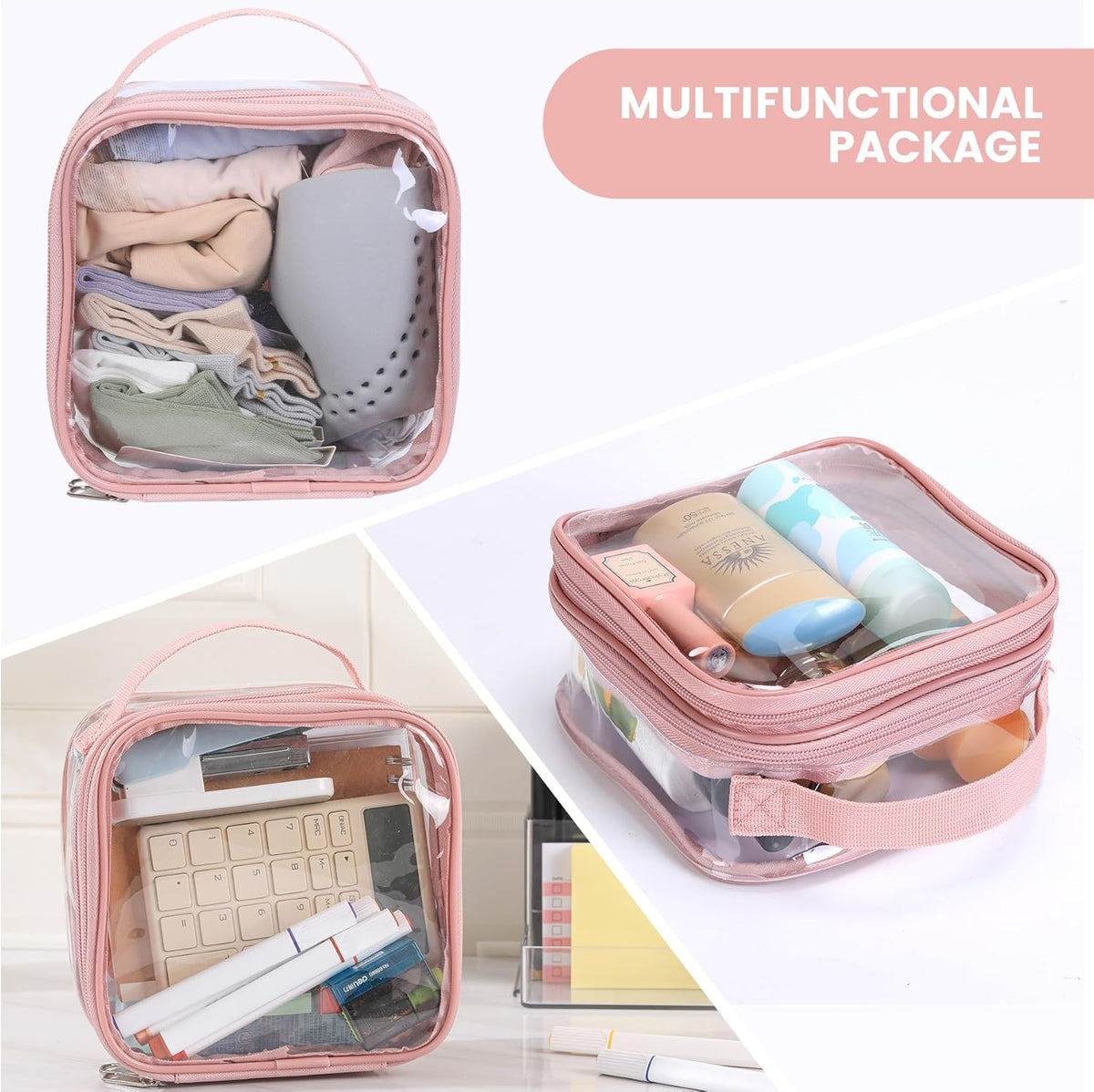 Large Clear travel bags for toiletries pouches carry on reusable,purse see-through plastic pvc TSA airport approved with handle (Black)