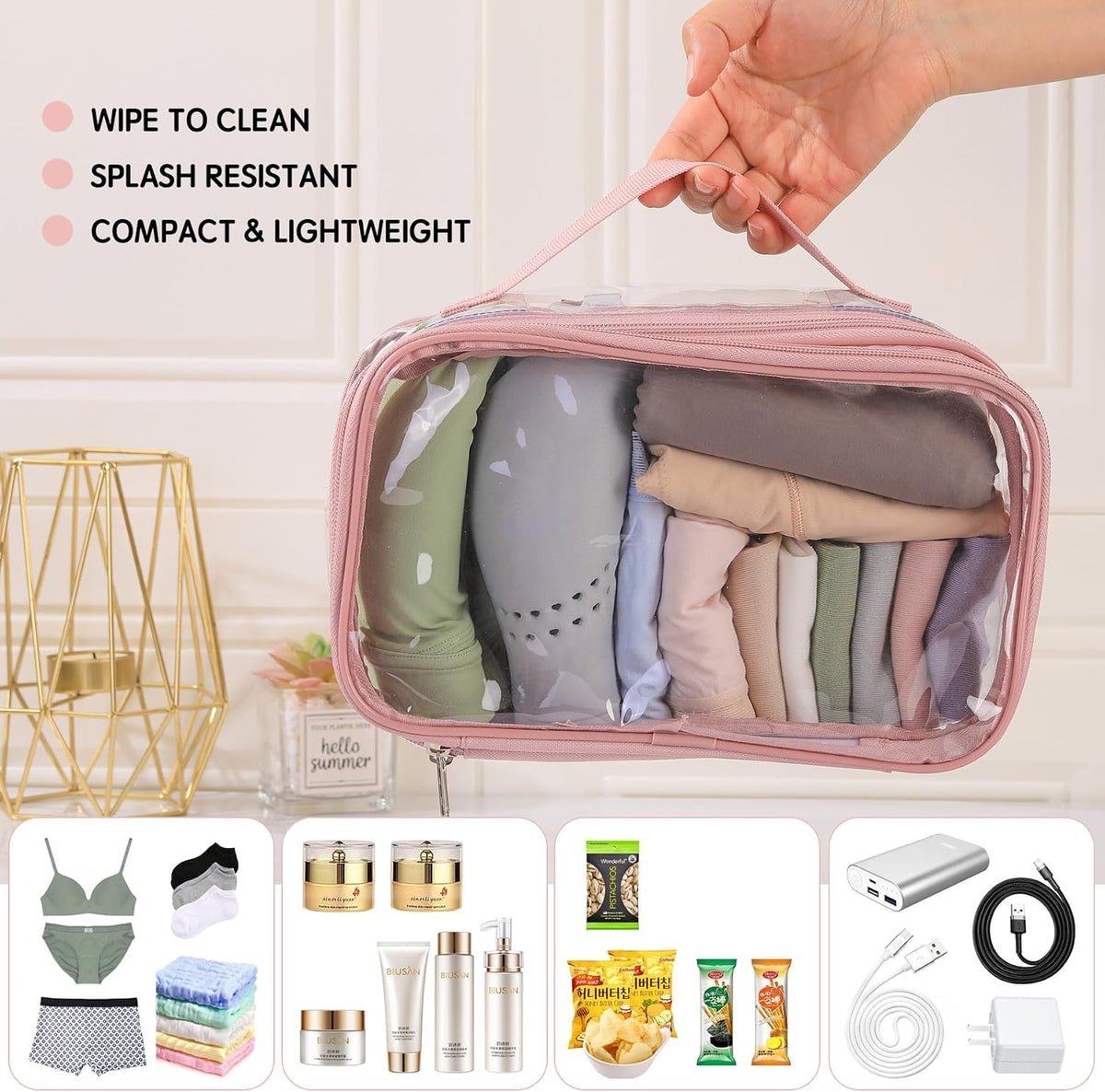 Large Clear travel bags for toiletries pouches carry on reusable,purse see-through plastic pvc TSA airport approved with handle (Black)