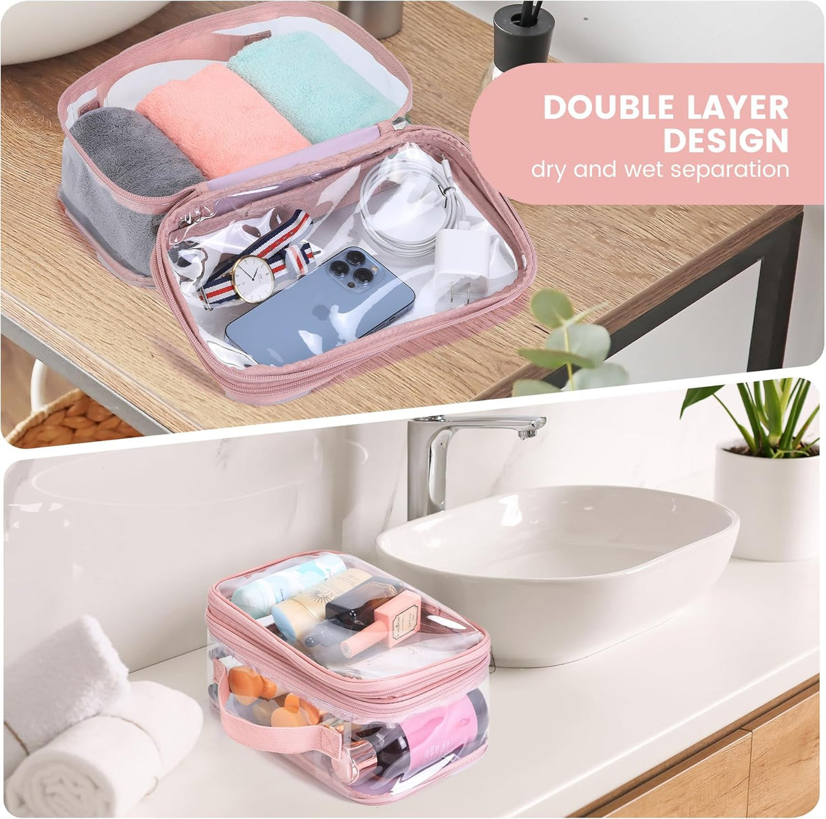 Large Clear travel bags for toiletries pouches carry on reusable,purse see-through plastic pvc TSA airport approved with handle (Black)