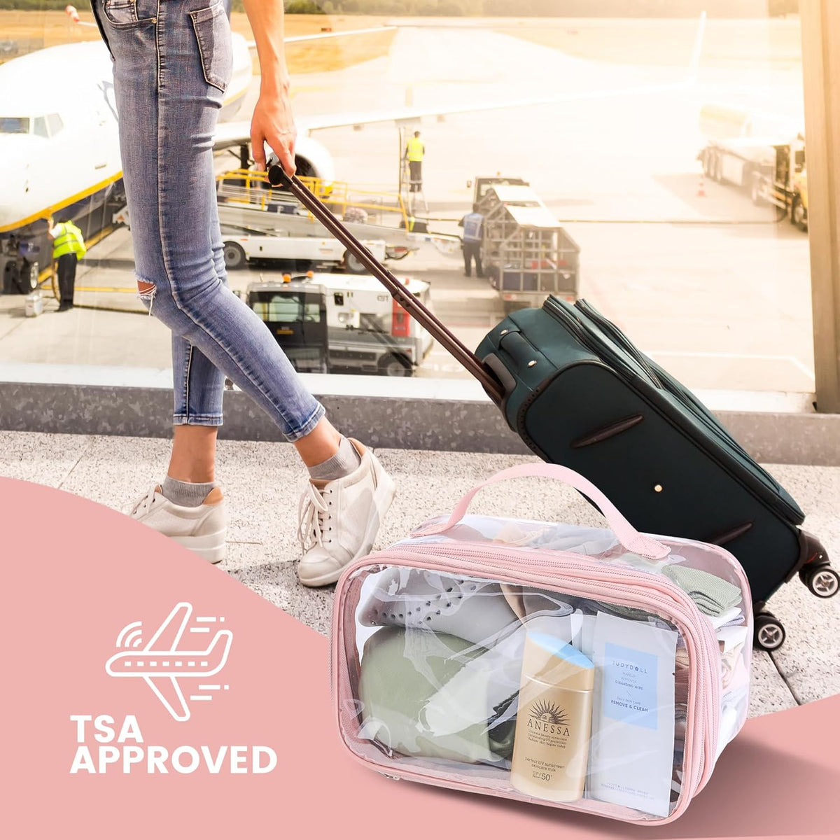 Large Clear travel bags for toiletries pouches carry on reusable,purse see-through plastic pvc TSA airport approved with handle (Black)