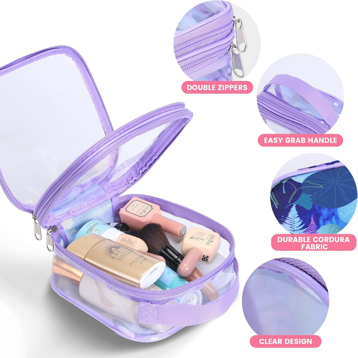 Large Clear travel bags for toiletries pouches carry on reusable,purse see-through plastic pvc TSA airport approved with handle (Black)