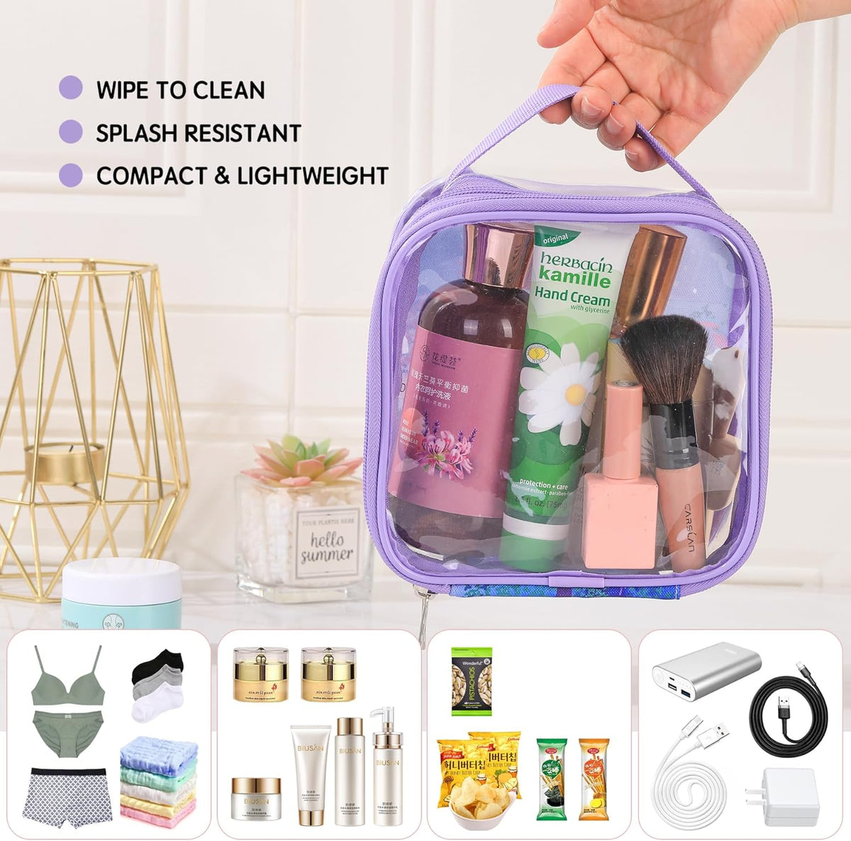 Large Clear travel bags for toiletries pouches carry on reusable,purse see-through plastic pvc TSA airport approved with handle (Black)