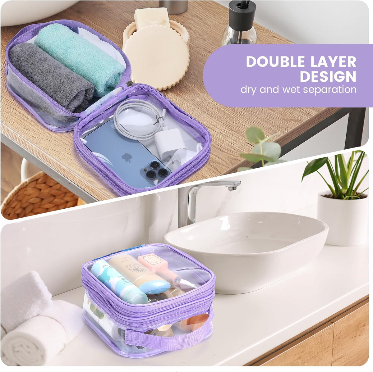 Large Clear travel bags for toiletries pouches carry on reusable,purse see-through plastic pvc TSA airport approved with handle (Black)