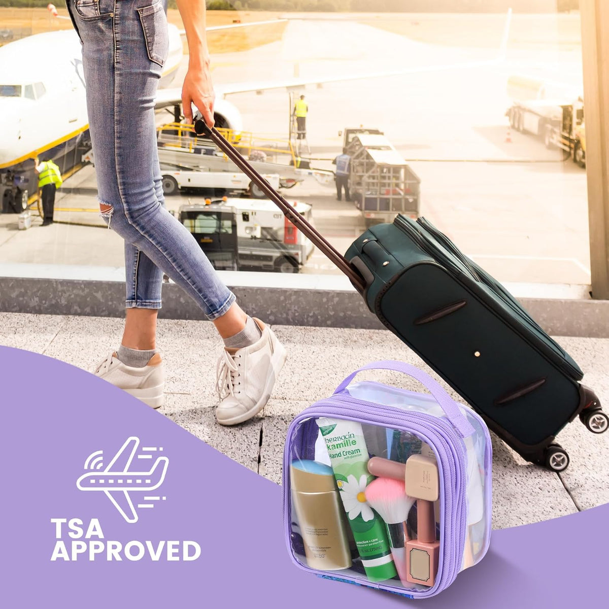 Large Clear travel bags for toiletries pouches carry on reusable,purse see-through plastic pvc TSA airport approved with handle (Black)