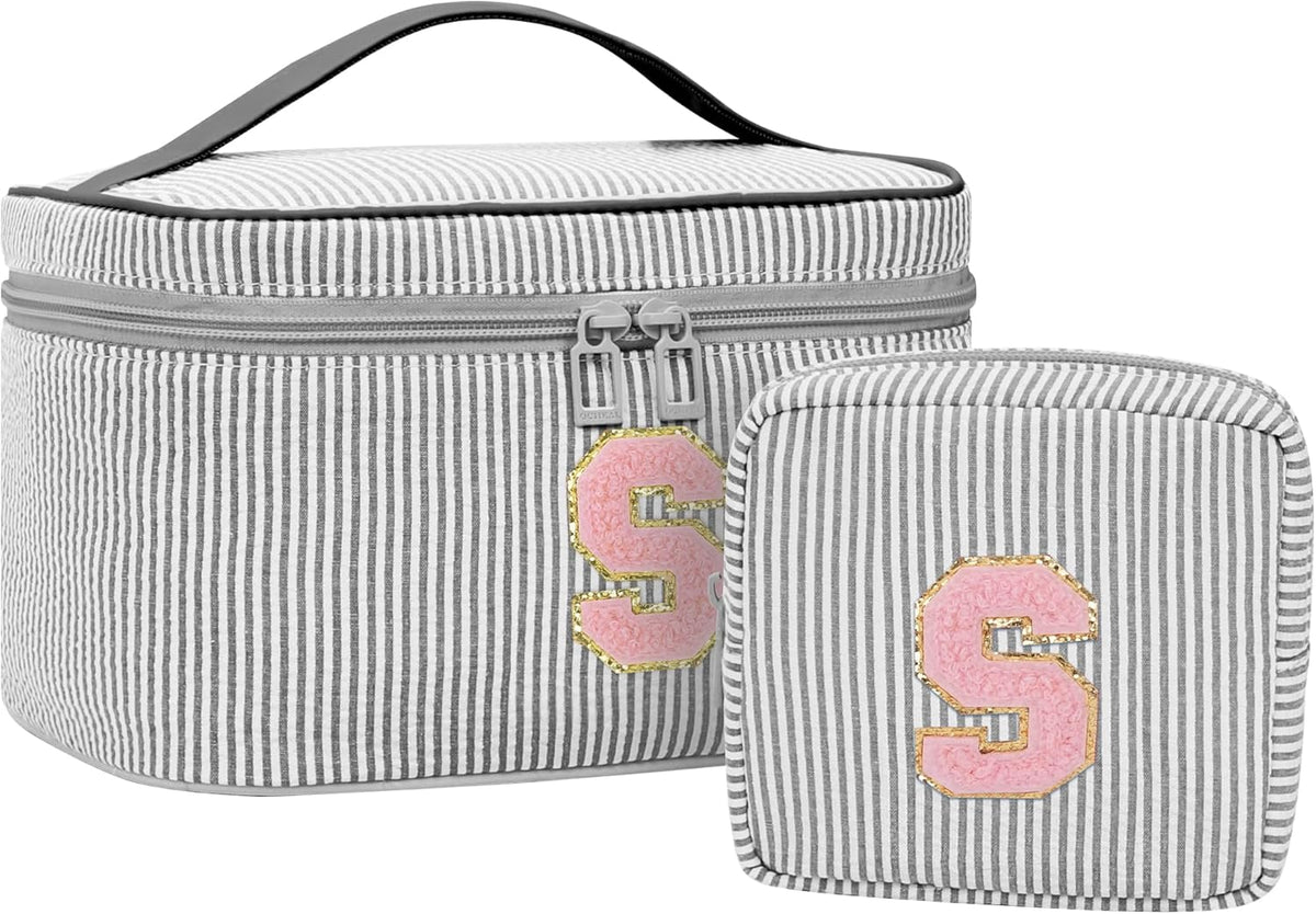 Personalized Initial Makeup Bag with Brush Holder and Divider for Women,Make Up Case for Girlfriend Bridesmaid Wife,Birthday Gift for Her Cute Toiletry Bag,2PCS,Purple L