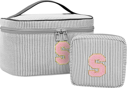Personalized Initial Makeup Bag with Brush Holder and Divider for Women,Make Up Case for Girlfriend Bridesmaid Wife,Birthday Gift for Her Cute Toiletry Bag,2PCS,Purple L