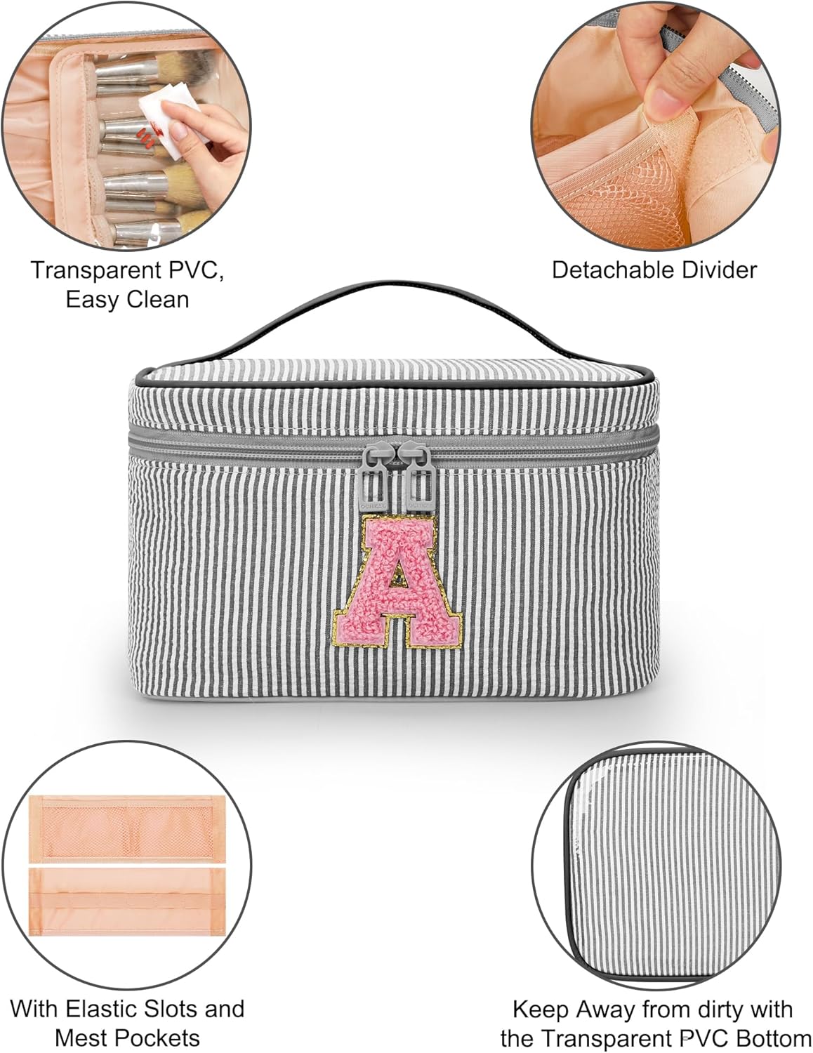 Personalized Initial Makeup Bag with Brush Holder and Divider for Women,Make Up Case for Girlfriend Bridesmaid Wife,Birthday Gift for Her Cute Toiletry Bag,2PCS,Purple L