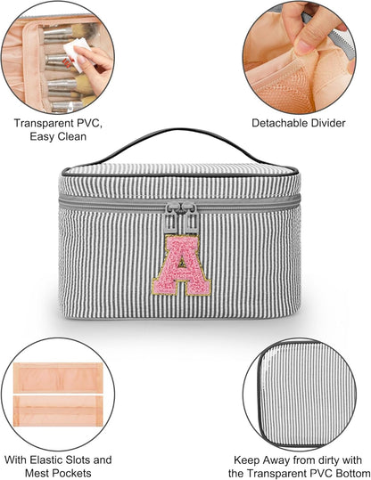 Personalized Initial Makeup Bag with Brush Holder and Divider for Women,Make Up Case for Girlfriend Bridesmaid Wife,Birthday Gift for Her Cute Toiletry Bag,2PCS,Purple L