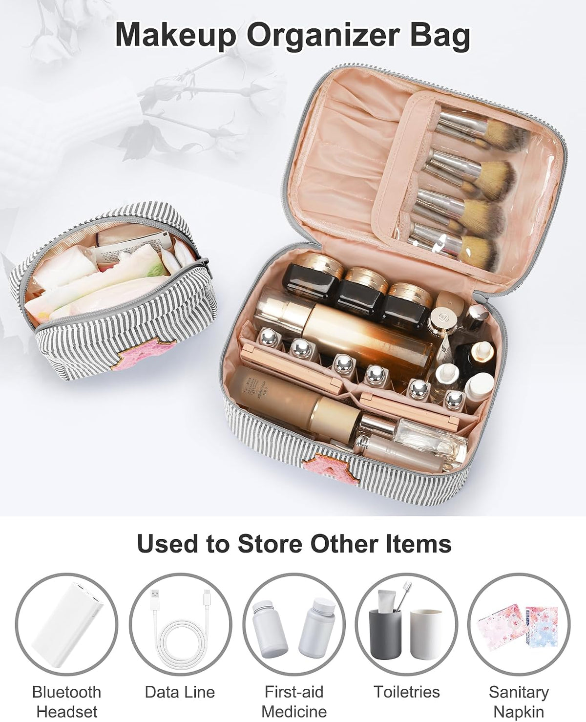 Personalized Initial Makeup Bag with Brush Holder and Divider for Women,Make Up Case for Girlfriend Bridesmaid Wife,Birthday Gift for Her Cute Toiletry Bag,2PCS,Purple L