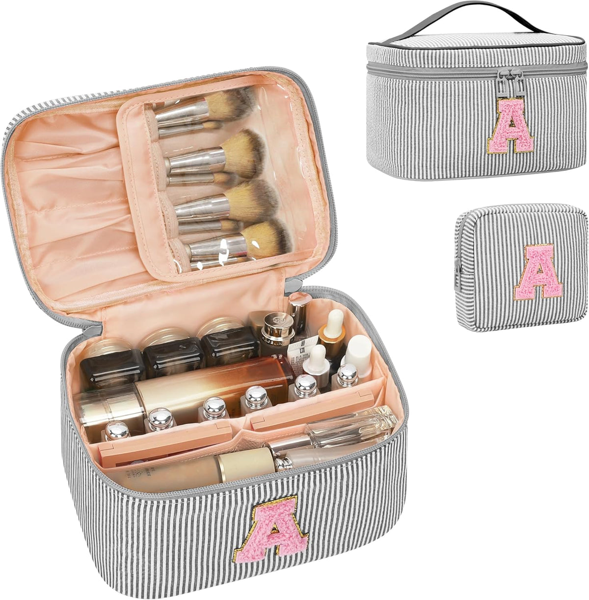 Personalized Initial Makeup Bag with Brush Holder and Divider for Women,Make Up Case for Girlfriend Bridesmaid Wife,Birthday Gift for Her Cute Toiletry Bag,2PCS,Purple L