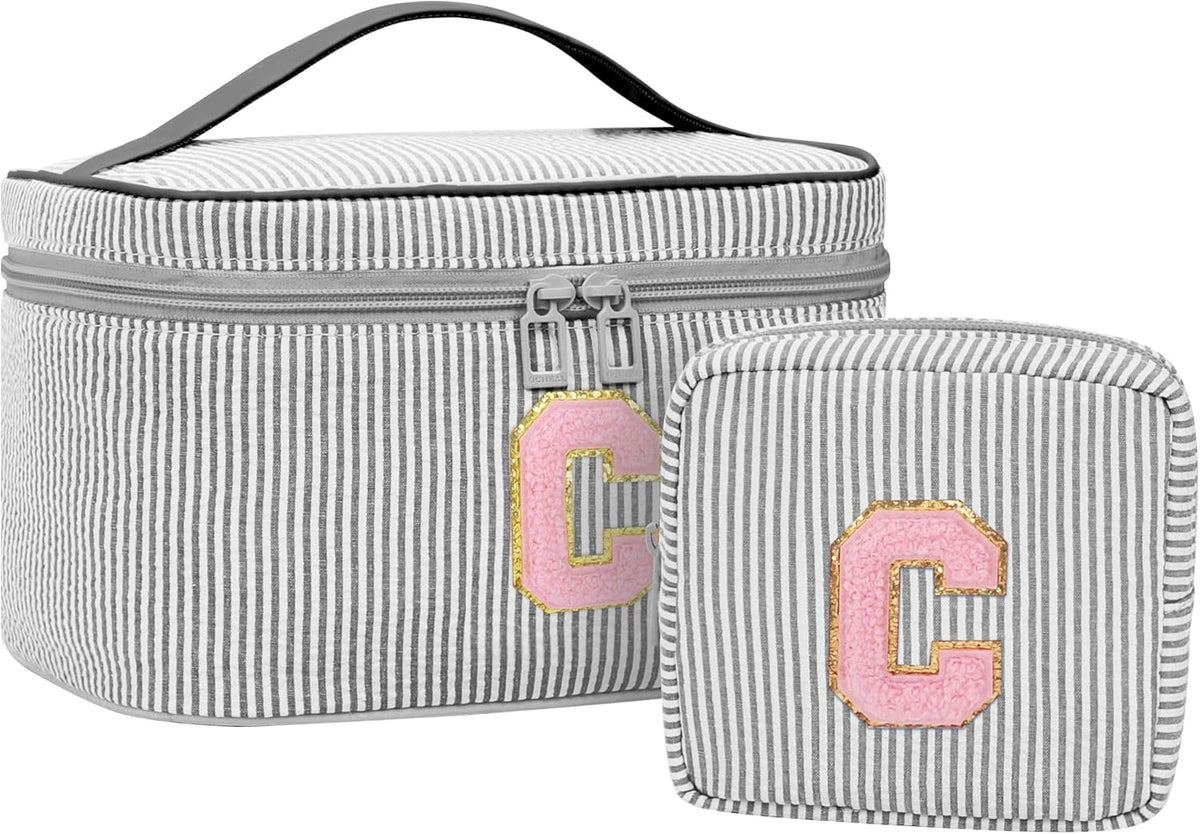 Personalized Initial Makeup Bag with Brush Holder and Divider for Women,Make Up Case for Girlfriend Bridesmaid Wife,Birthday Gift for Her Cute Toiletry Bag,2PCS,Purple L
