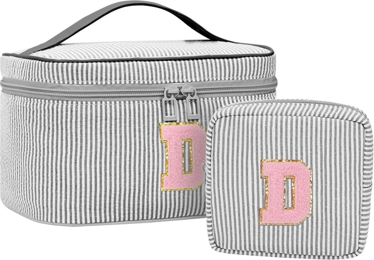 Personalized Initial Makeup Bag with Brush Holder and Divider for Women,Make Up Case for Girlfriend Bridesmaid Wife,Birthday Gift for Her Cute Toiletry Bag,2PCS,Purple L