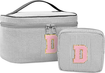 Personalized Initial Makeup Bag with Brush Holder and Divider for Women,Make Up Case for Girlfriend Bridesmaid Wife,Birthday Gift for Her Cute Toiletry Bag,2PCS,Purple L