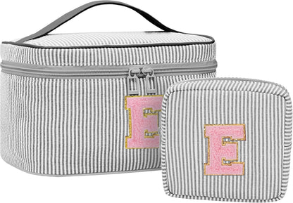 Personalized Initial Makeup Bag with Brush Holder and Divider for Women,Make Up Case for Girlfriend Bridesmaid Wife,Birthday Gift for Her Cute Toiletry Bag,2PCS,Purple L