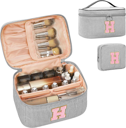 Personalized Initial Makeup Bag with Brush Holder and Divider for Women,Make Up Case for Girlfriend Bridesmaid Wife,Birthday Gift for Her Cute Toiletry Bag,2PCS,Purple L