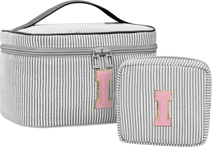 Personalized Initial Makeup Bag with Brush Holder and Divider for Women,Make Up Case for Girlfriend Bridesmaid Wife,Birthday Gift for Her Cute Toiletry Bag,2PCS,Purple L