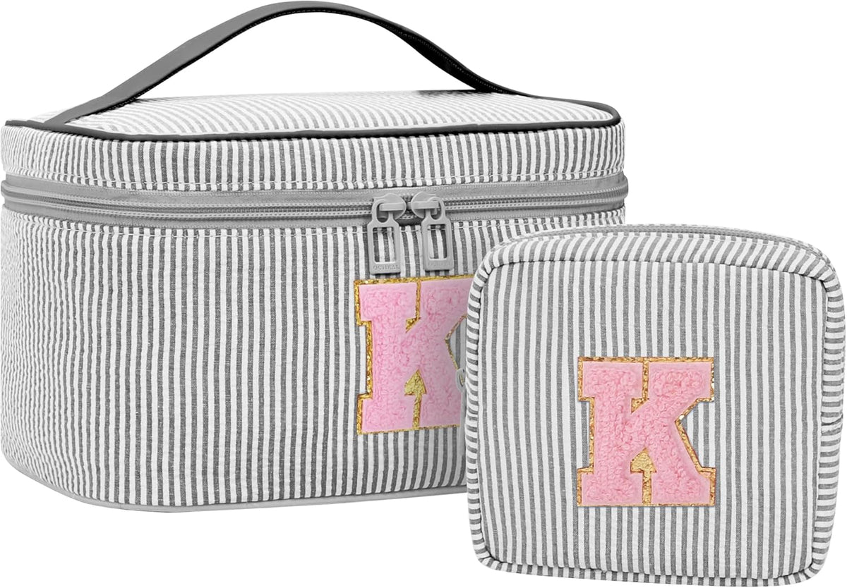 Personalized Initial Makeup Bag with Brush Holder and Divider for Women,Make Up Case for Girlfriend Bridesmaid Wife,Birthday Gift for Her Cute Toiletry Bag,2PCS,Purple L