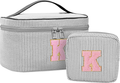 Personalized Initial Makeup Bag with Brush Holder and Divider for Women,Make Up Case for Girlfriend Bridesmaid Wife,Birthday Gift for Her Cute Toiletry Bag,2PCS,Purple L