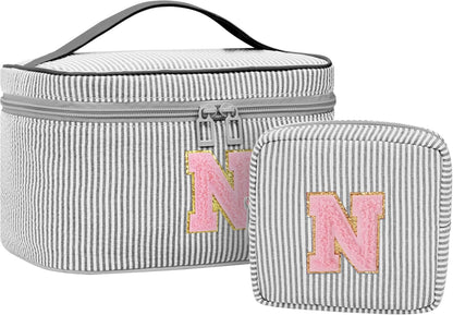 Personalized Initial Makeup Bag with Brush Holder and Divider for Women,Make Up Case for Girlfriend Bridesmaid Wife,Birthday Gift for Her Cute Toiletry Bag,2PCS,Purple L