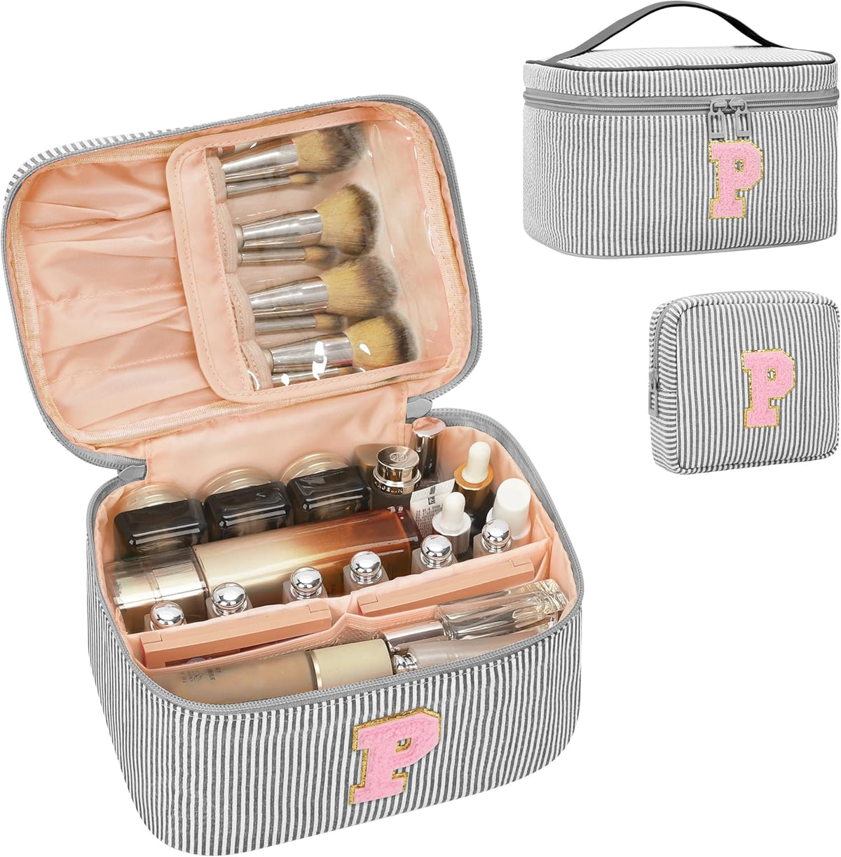Personalized Initial Makeup Bag with Brush Holder and Divider for Women,Make Up Case for Girlfriend Bridesmaid Wife,Birthday Gift for Her Cute Toiletry Bag,2PCS,Purple L