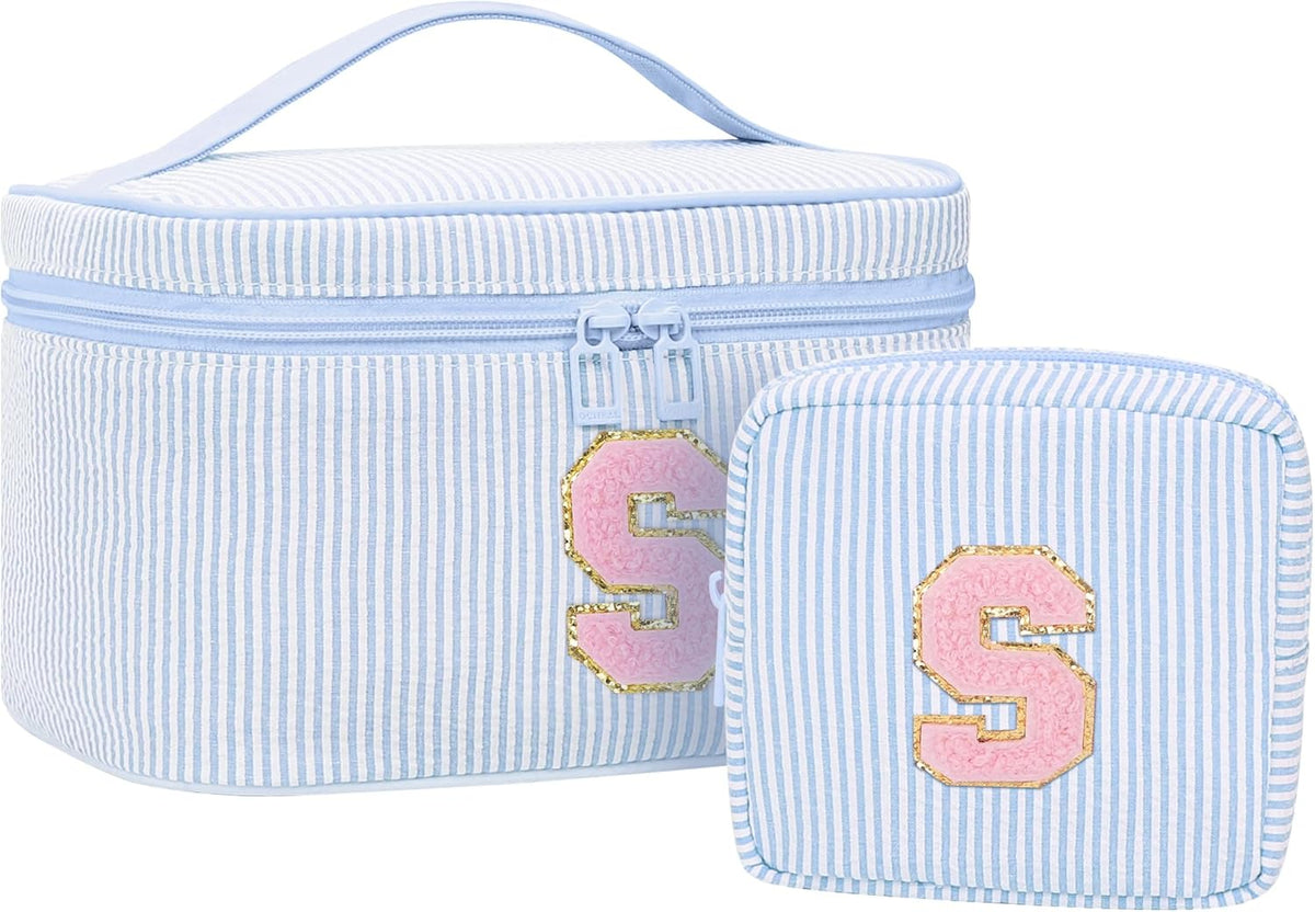 Personalized Initial Makeup Bag with Brush Holder and Divider for Women,Make Up Case for Girlfriend Bridesmaid Wife,Birthday Gift for Her Cute Toiletry Bag,2PCS,Purple L