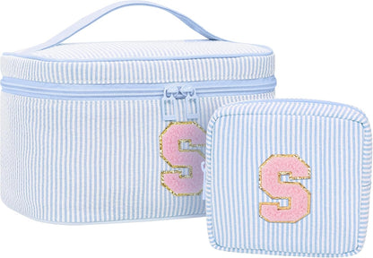 Personalized Initial Makeup Bag with Brush Holder and Divider for Women,Make Up Case for Girlfriend Bridesmaid Wife,Birthday Gift for Her Cute Toiletry Bag,2PCS,Purple L