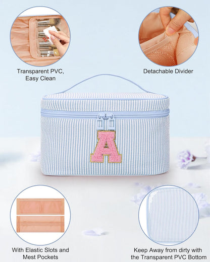 Personalized Initial Makeup Bag with Brush Holder and Divider for Women,Make Up Case for Girlfriend Bridesmaid Wife,Birthday Gift for Her Cute Toiletry Bag,2PCS,Purple L