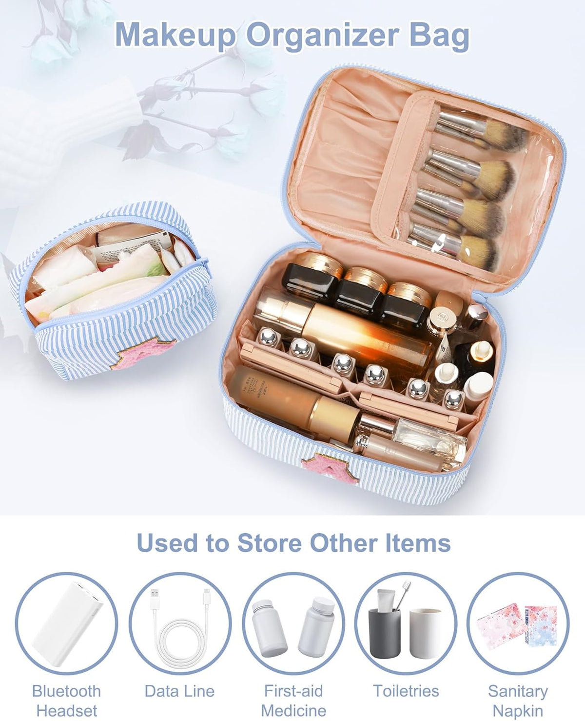 Personalized Initial Makeup Bag with Brush Holder and Divider for Women,Make Up Case for Girlfriend Bridesmaid Wife,Birthday Gift for Her Cute Toiletry Bag,2PCS,Purple L