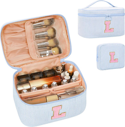 Personalized Initial Makeup Bag with Brush Holder and Divider for Women,Make Up Case for Girlfriend Bridesmaid Wife,Birthday Gift for Her Cute Toiletry Bag,2PCS,Purple L