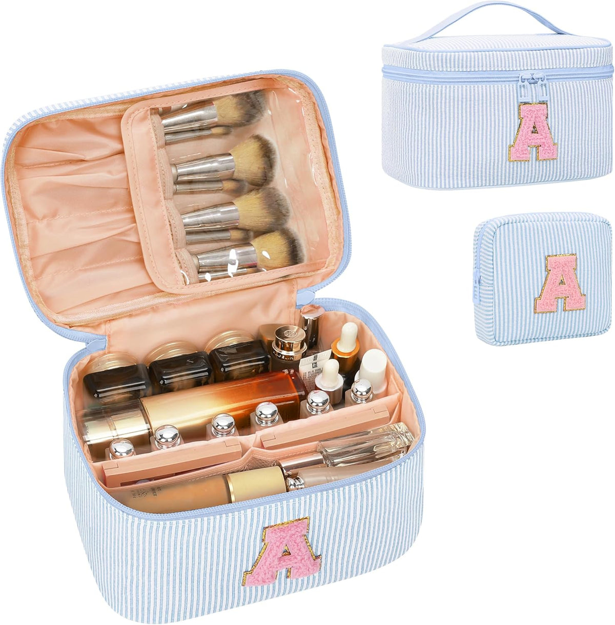 Personalized Initial Makeup Bag with Brush Holder and Divider for Women,Make Up Case for Girlfriend Bridesmaid Wife,Birthday Gift for Her Cute Toiletry Bag,2PCS,Purple L