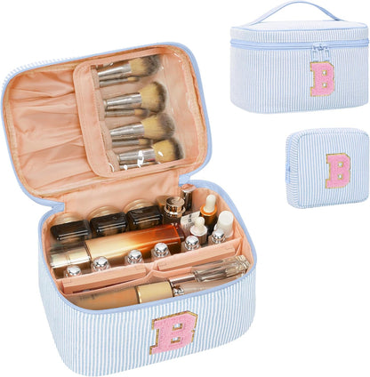 Personalized Initial Makeup Bag with Brush Holder and Divider for Women,Make Up Case for Girlfriend Bridesmaid Wife,Birthday Gift for Her Cute Toiletry Bag,2PCS,Purple L