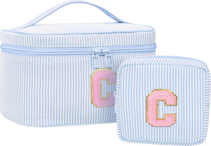 Personalized Initial Makeup Bag with Brush Holder and Divider for Women,Make Up Case for Girlfriend Bridesmaid Wife,Birthday Gift for Her Cute Toiletry Bag,2PCS,Purple L