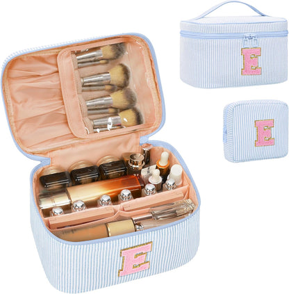 Personalized Initial Makeup Bag with Brush Holder and Divider for Women,Make Up Case for Girlfriend Bridesmaid Wife,Birthday Gift for Her Cute Toiletry Bag,2PCS,Purple L